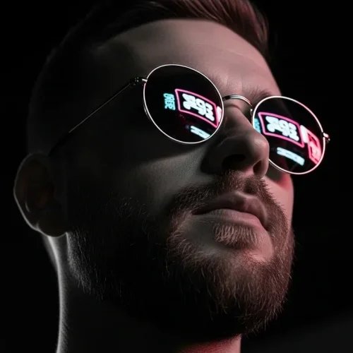 Black and white cinematic portrait of man wearing reflective sunglasses showing city lights - ultra realistic, dramatic lighting, 8K photo.